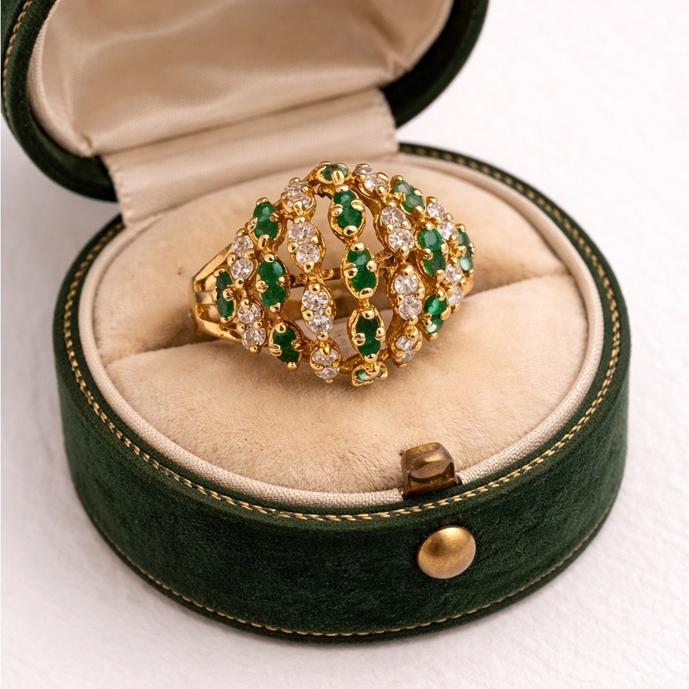 Gold Emerald & White Diamond Dome Ring - Women Jewelry